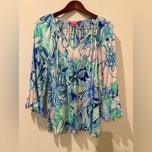 Lilly Pulitzer Blue and Pink Pleated Top Size L